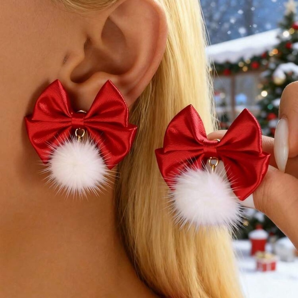 Red Bow and White Pom-Pom Earrings